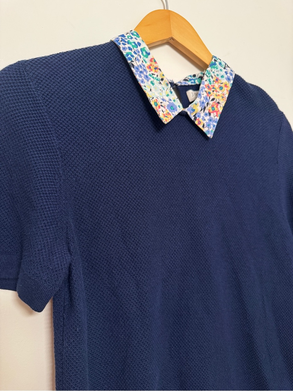J. Crew Navy Short-Sleeve Knit Polo with Floral Contrast Collar